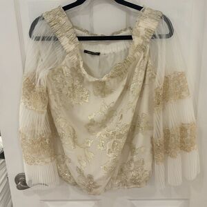 Kobi Halperin Cream Blouse with gold inserts wide mesh sleeves sz L large​
